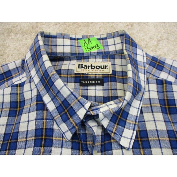 Barbour Shirt Mens Large Blue White Plaid Cotton Short Sleeve Casual Button Up - Picture 5 of 12